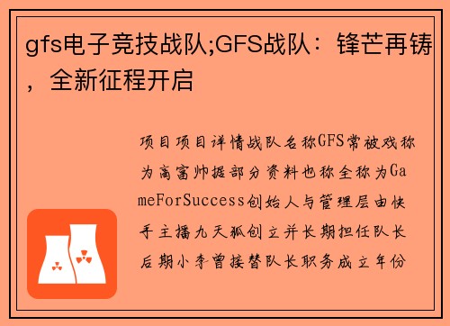 gfs电子竞技战队;GFS战队：锋芒再铸，全新征程开启